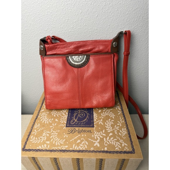 Brighton Red Leather Crossbody Bag with Silver Tone Embellishment